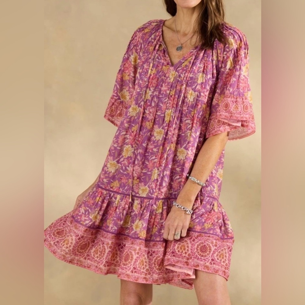 Sundance Women’s Aisha Floral Pleated Dress Pink Ruffle Boho Peasant Petite S
